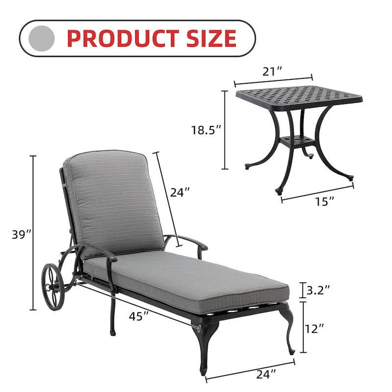 Chaise longue d'extérieur inclinable en aluminium 3 pièces avec coussins et table