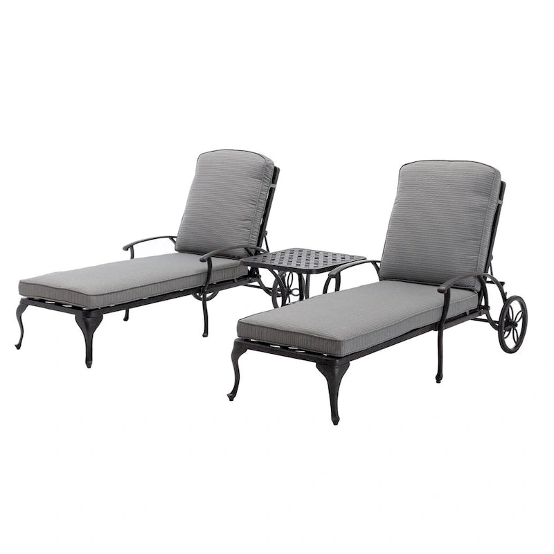 Chaise longue d'extérieur inclinable en aluminium 3 pièces avec coussins et table