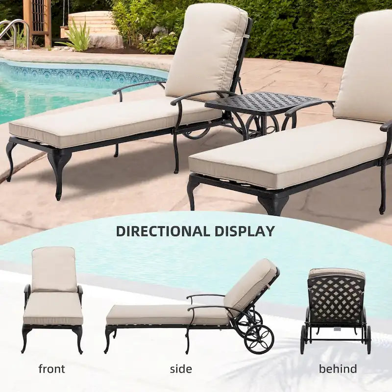 Chaise longue d'extérieur inclinable en aluminium 3 pièces avec coussins et table