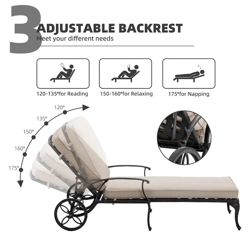 Chaise longue d'extérieur inclinable en aluminium 3 pièces avec coussins et table