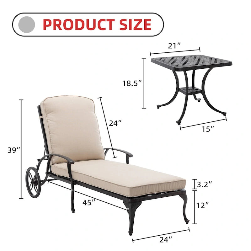 Chaise longue d'extérieur inclinable en aluminium 3 pièces avec coussins et table