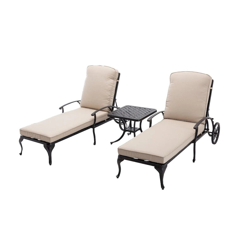Chaise longue d'extérieur inclinable en aluminium 3 pièces avec coussins et table
