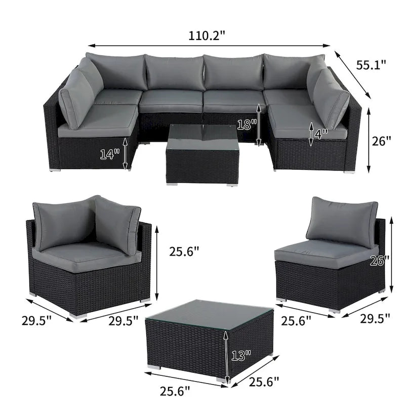 Ensemble de patio sectionnel extérieur en osier noir 7 pièces avec coussins gris et table basse