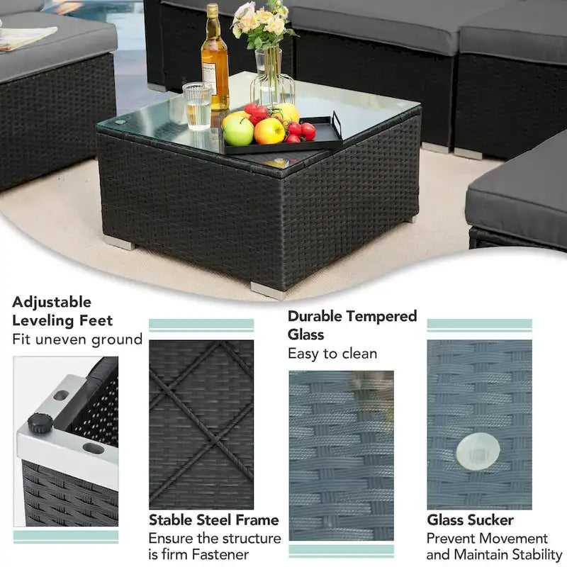 Ensemble de patio sectionnel extérieur en osier noir 7 pièces avec coussins gris et table basse