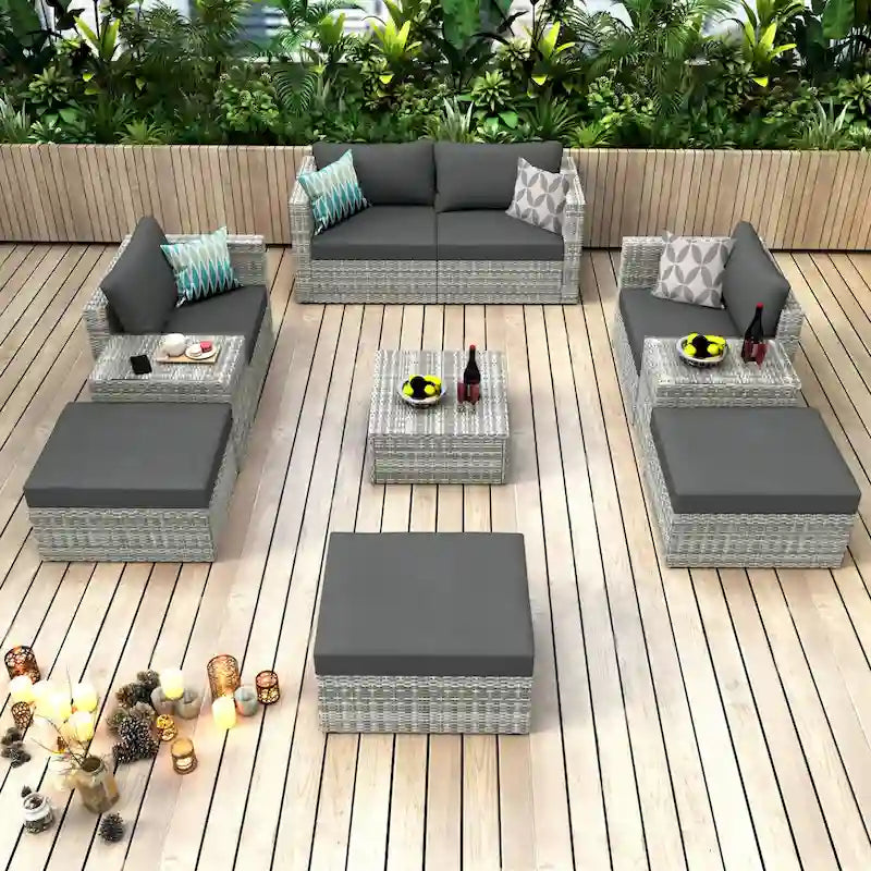 Ensemble de conversation d'extérieur de 10 pièces en osier gris avec coussins gris foncé et quatre oreillers