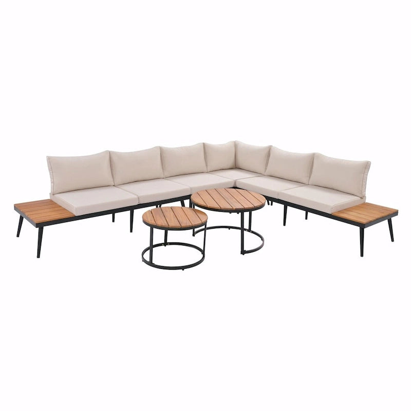 Canapé d'angle d'extérieur 6 places avec tables basses gigognes et coussins