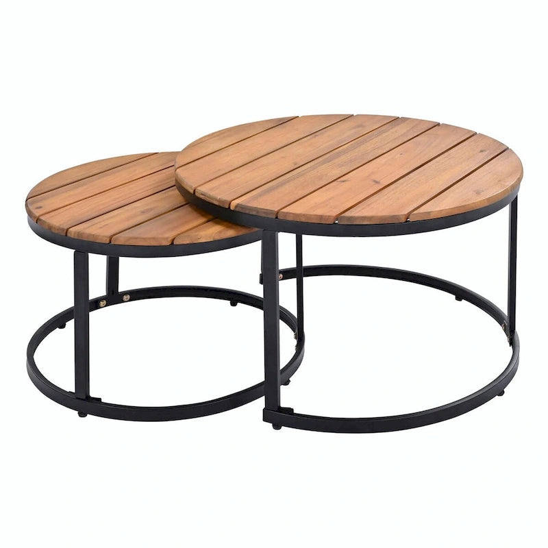 Canapé d'angle d'extérieur 6 places avec tables basses gigognes et coussins