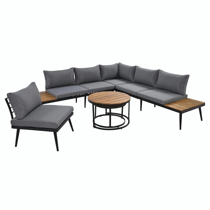Canapé d'angle d'extérieur 6 places avec tables basses gigognes et coussins