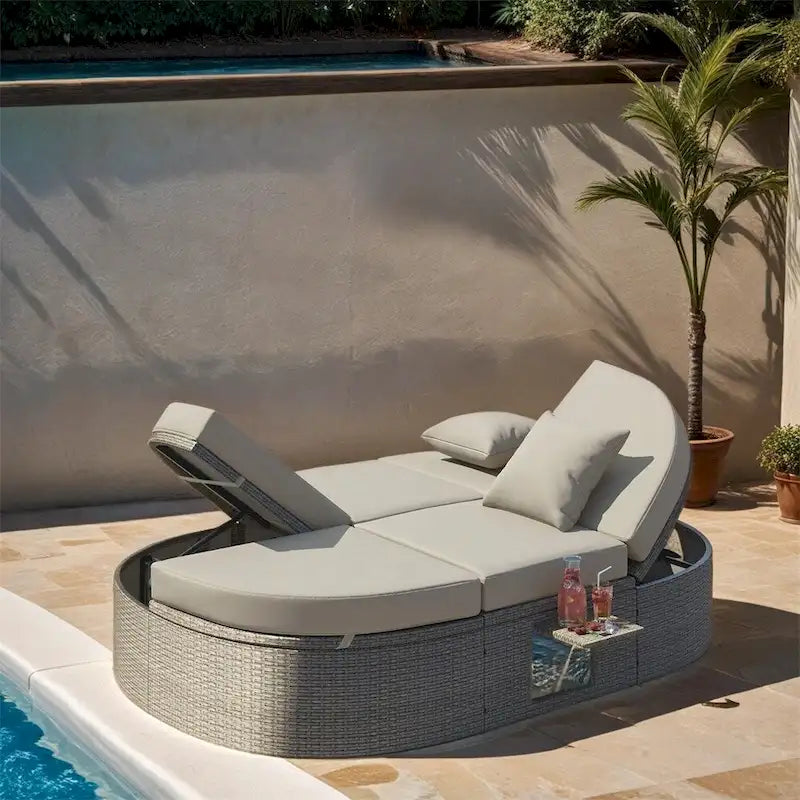 Lit de Repos Extérieur en Rotin avec Dossiers Réglables et Porte-Gobelets Pliables