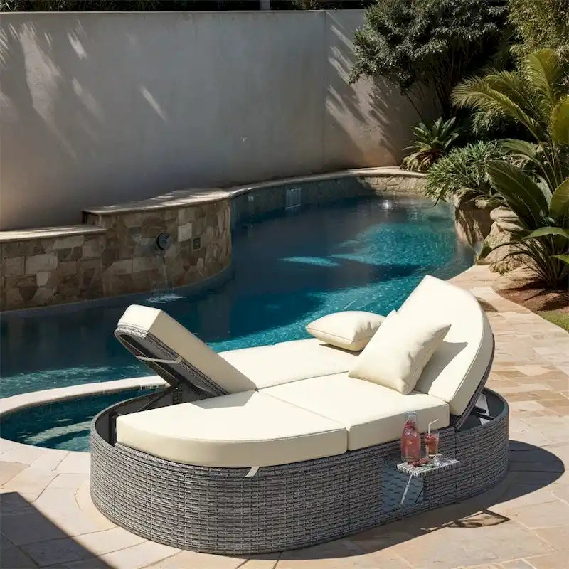 Lit de Repos Extérieur en Rotin avec Dossiers Réglables et Porte-Gobelets Pliables