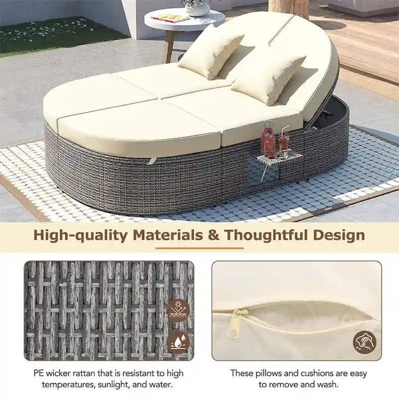 Lit de Repos Extérieur en Rotin avec Dossiers Réglables et Porte-Gobelets Pliables