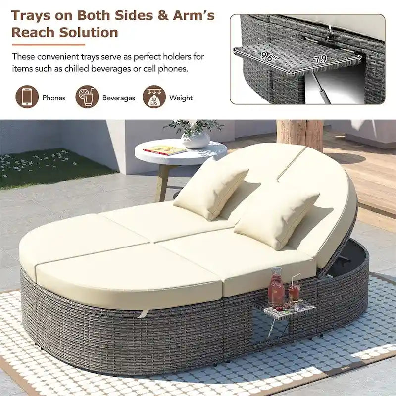 Lit de Repos Extérieur en Rotin avec Dossiers Réglables et Porte-Gobelets Pliables