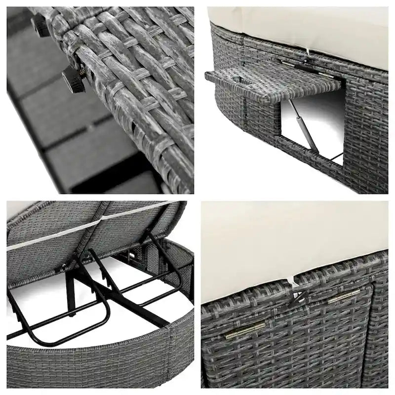 Lit de Repos Extérieur en Rotin avec Dossiers Réglables et Porte-Gobelets Pliables
