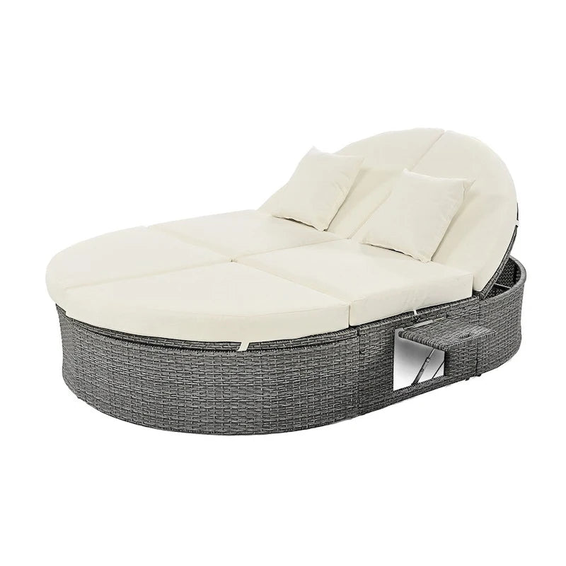 Lit de Repos Extérieur en Rotin avec Dossiers Réglables et Porte-Gobelets Pliables