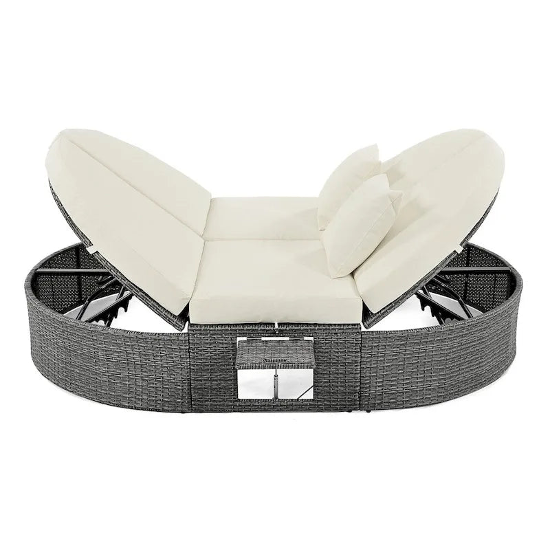 Lit de Repos Extérieur en Rotin avec Dossiers Réglables et Porte-Gobelets Pliables