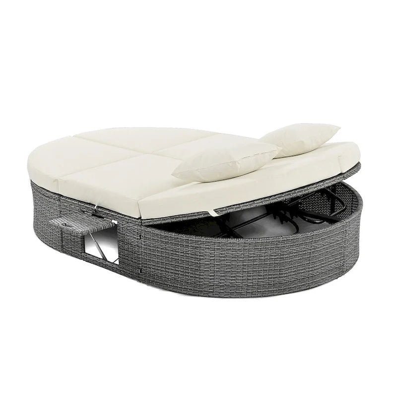Lit de Repos Extérieur en Rotin avec Dossiers Réglables et Porte-Gobelets Pliables