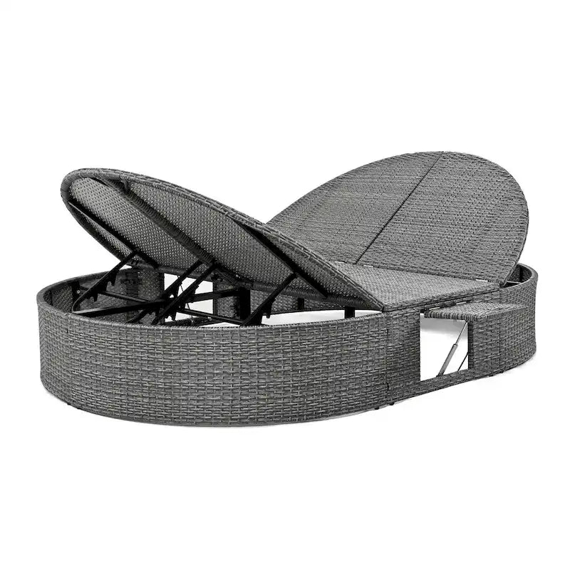 Lit de Repos Extérieur en Rotin avec Dossiers Réglables et Porte-Gobelets Pliables