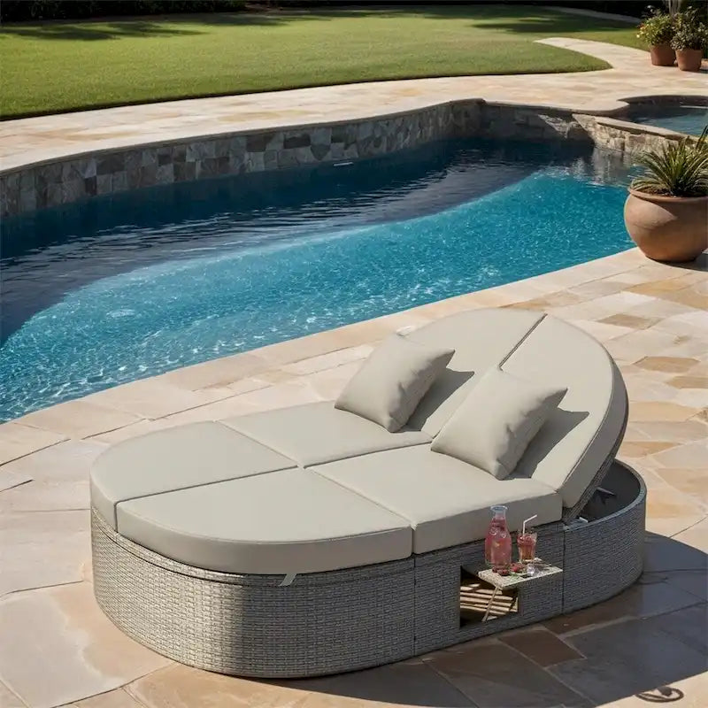 Lit de Repos Extérieur en Rotin avec Dossiers Réglables et Porte-Gobelets Pliables