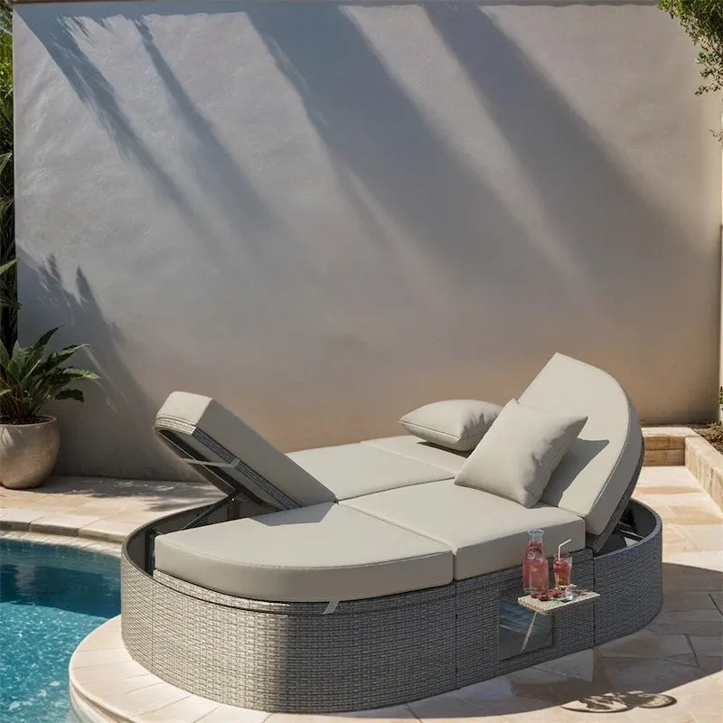 Lit de Repos Extérieur en Rotin avec Dossiers Réglables et Porte-Gobelets Pliables