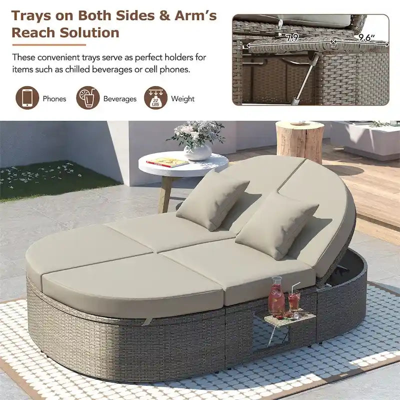 Lit de Repos Extérieur en Rotin avec Dossiers Réglables et Porte-Gobelets Pliables