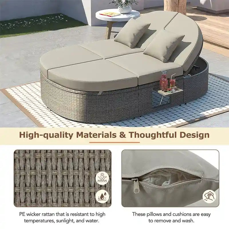 Lit de Repos Extérieur en Rotin avec Dossiers Réglables et Porte-Gobelets Pliables