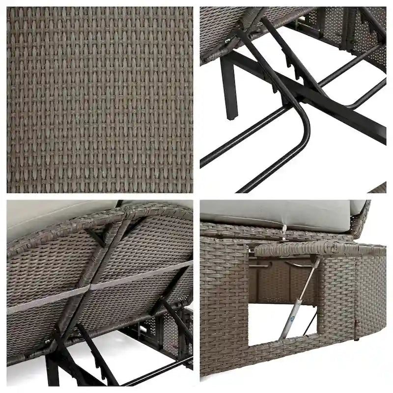Lit de Repos Extérieur en Rotin avec Dossiers Réglables et Porte-Gobelets Pliables