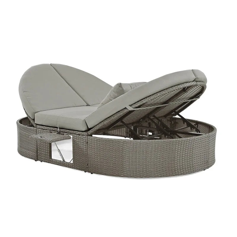 Lit de Repos Extérieur en Rotin avec Dossiers Réglables et Porte-Gobelets Pliables