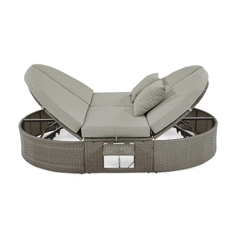 Lit de Repos Extérieur en Rotin avec Dossiers Réglables et Porte-Gobelets Pliables