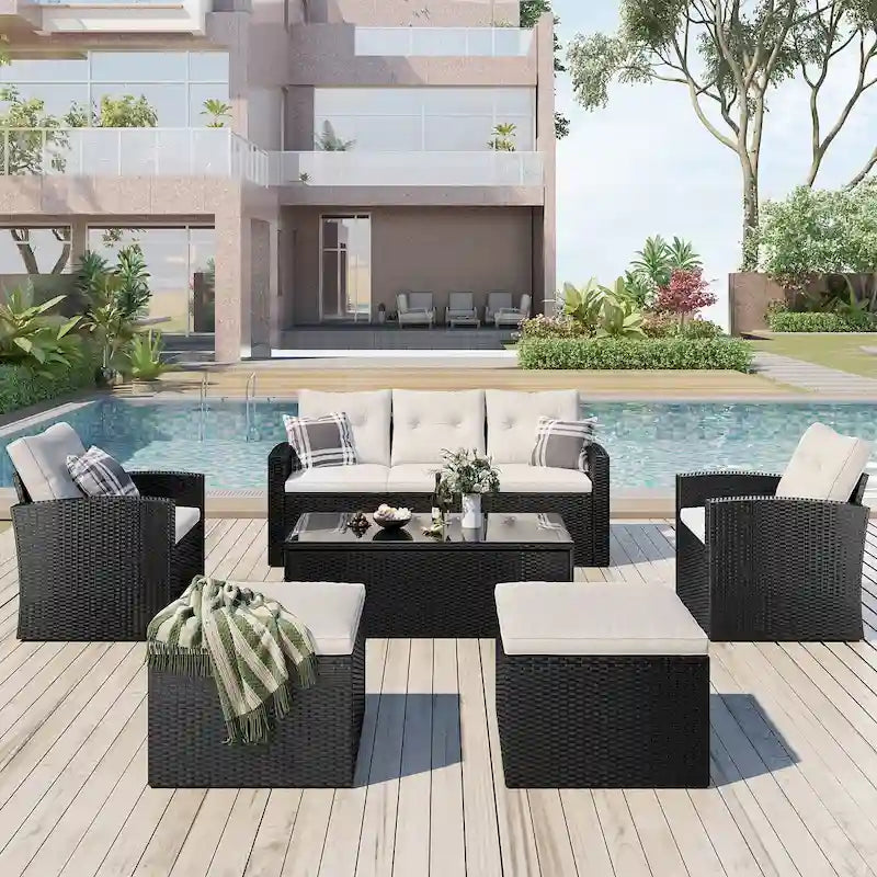 Ensemble de meubles de patio d'extérieur 6 pièces en rotin tressé avec canapé sectionnel et table basse