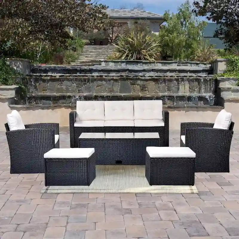 Ensemble de meubles de patio d'extérieur 6 pièces en rotin tressé avec canapé sectionnel et table basse