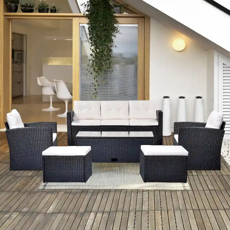 Ensemble de meubles de patio d'extérieur 6 pièces en rotin tressé avec canapé sectionnel et table basse
