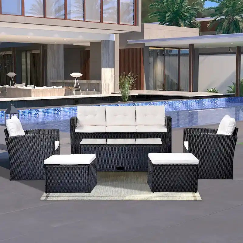 Ensemble de meubles de patio d'extérieur 6 pièces en rotin tressé avec canapé sectionnel et table basse