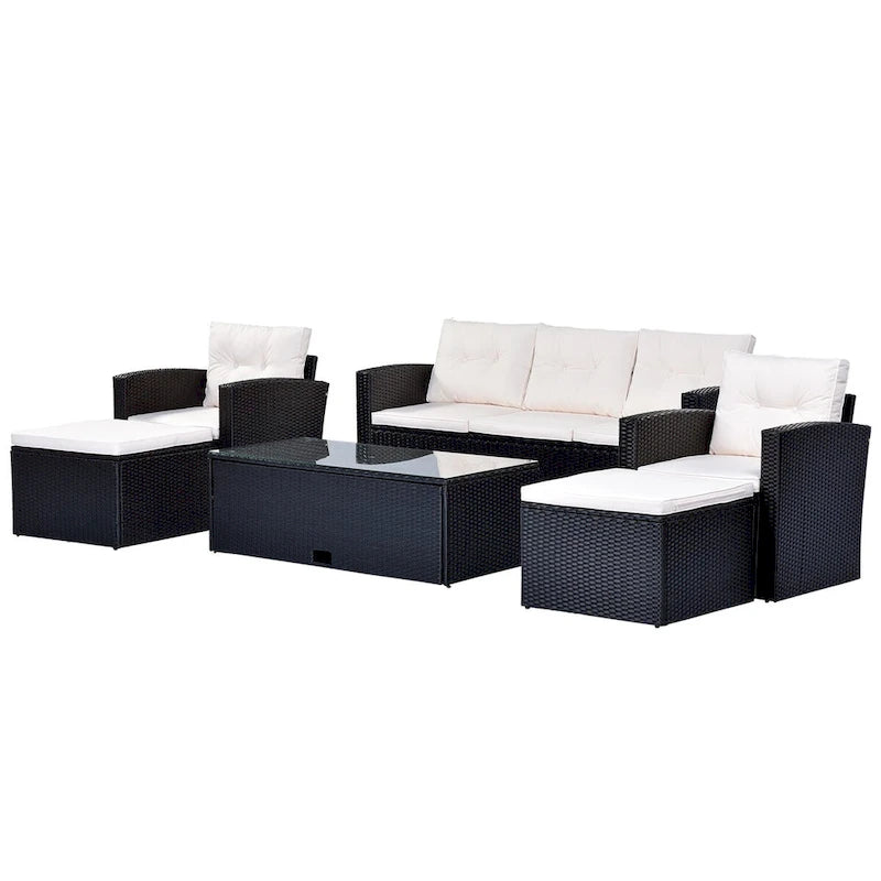 Ensemble de meubles de patio d'extérieur 6 pièces en rotin tressé avec canapé sectionnel et table basse
