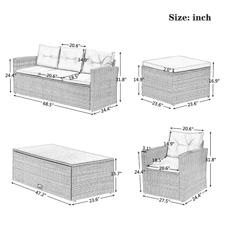 Ensemble de meubles de patio d'extérieur 6 pièces en rotin tressé avec canapé sectionnel et table basse