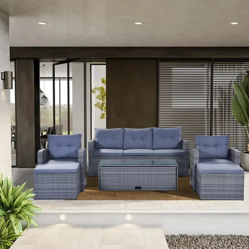 Ensemble de meubles de patio d'extérieur 6 pièces en rotin tressé avec canapé sectionnel et table basse