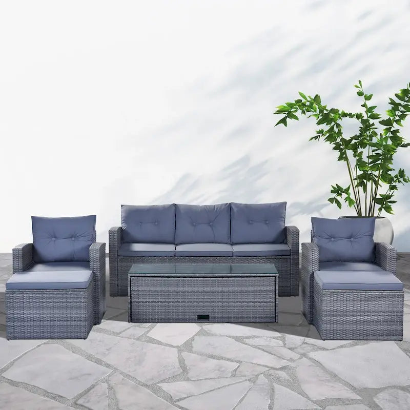 Ensemble de meubles de patio d'extérieur 6 pièces en rotin tressé avec canapé sectionnel et table basse