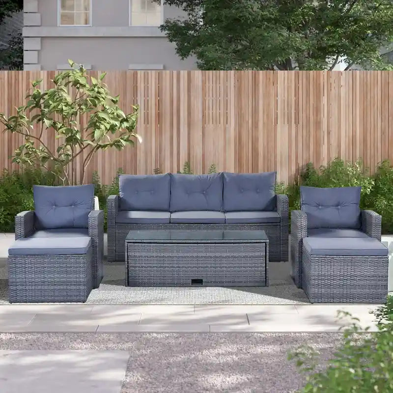 Ensemble de meubles de patio d'extérieur 6 pièces en rotin tressé avec canapé sectionnel et table basse