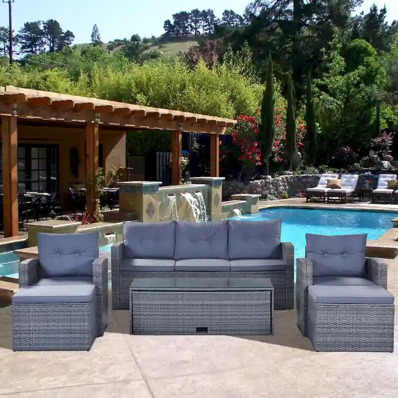 Ensemble de meubles de patio d'extérieur 6 pièces en rotin tressé avec canapé sectionnel et table basse