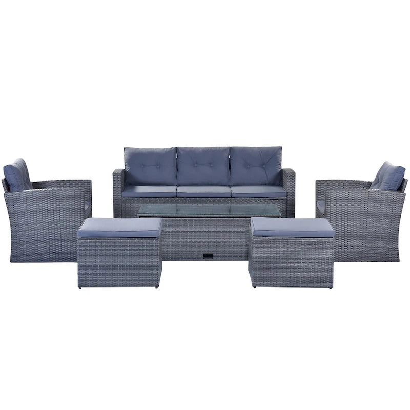 Ensemble de meubles de patio d'extérieur 6 pièces en rotin tressé avec canapé sectionnel et table basse