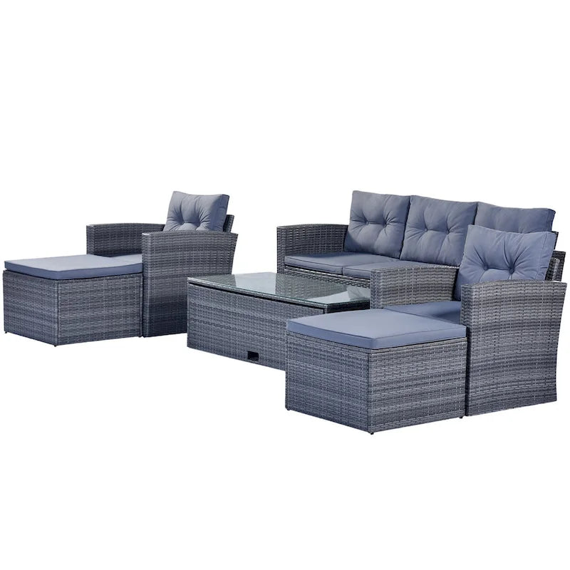 Ensemble de meubles de patio d'extérieur 6 pièces en rotin tressé avec canapé sectionnel et table basse