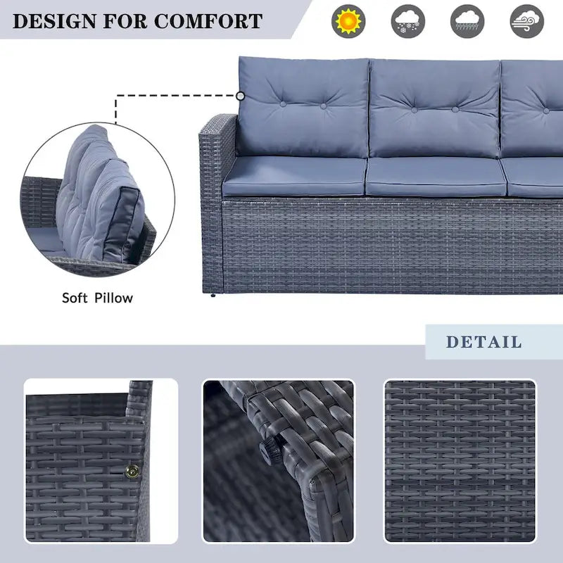 Ensemble de meubles de patio d'extérieur 6 pièces en rotin tressé avec canapé sectionnel et table basse
