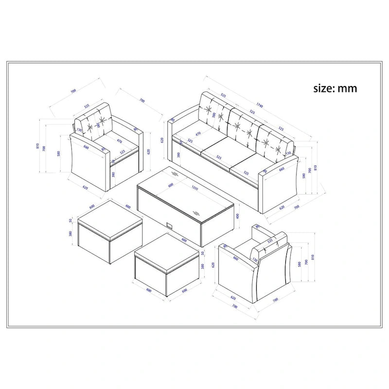 Ensemble de meubles de patio d'extérieur 6 pièces en rotin tressé avec canapé sectionnel et table basse
