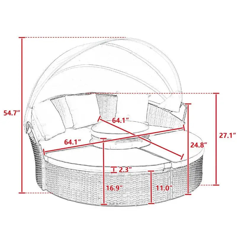 Lit de repos rond d'extérieur en rotin avec auvent, table basse