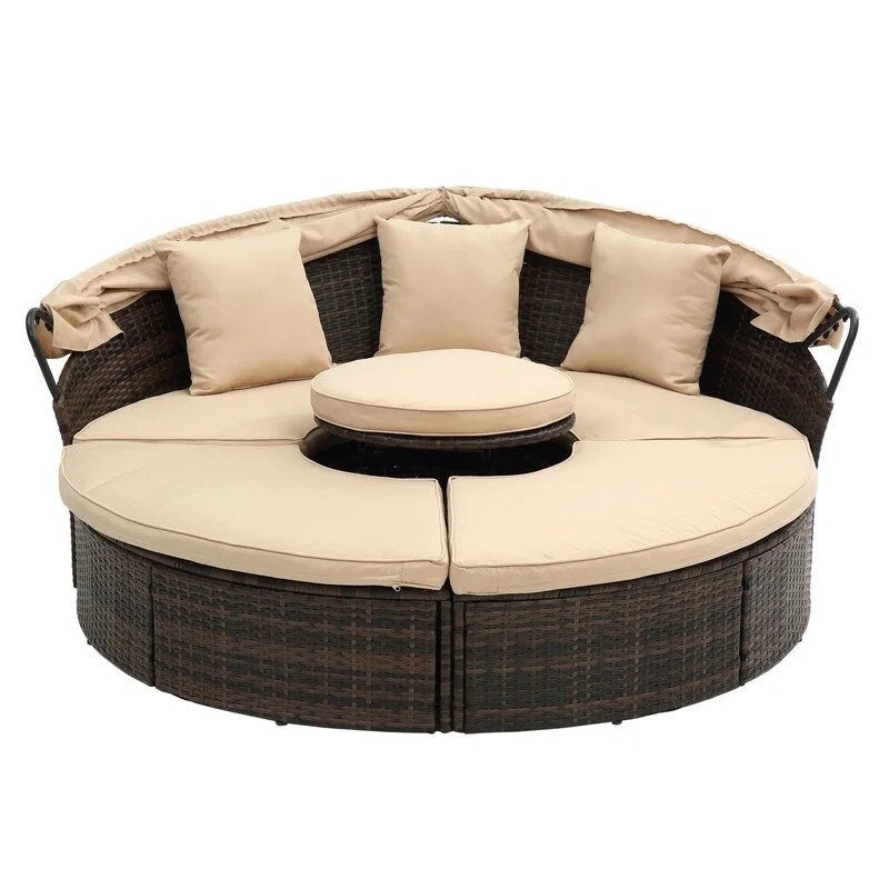 Lit de repos rond d'extérieur en rotin avec auvent, table basse
