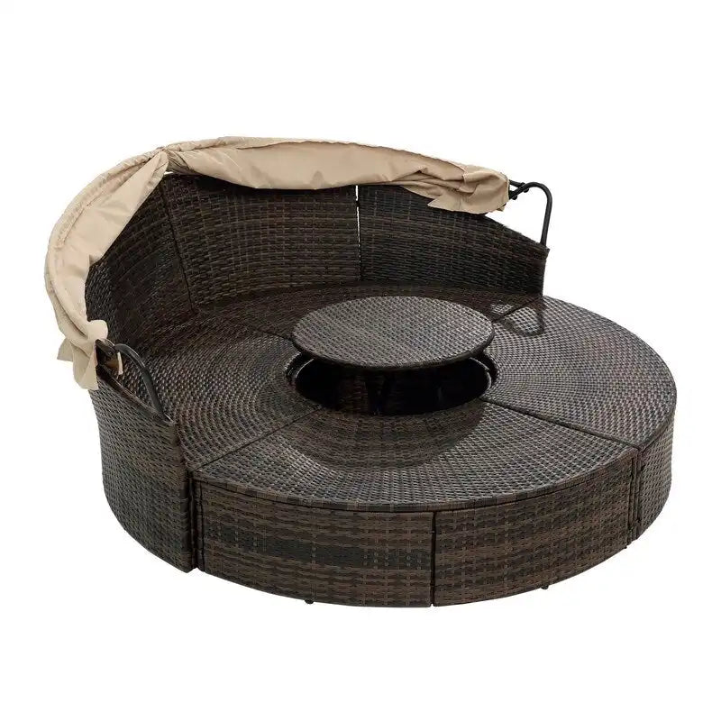 Lit de repos rond d'extérieur en rotin avec auvent, table basse