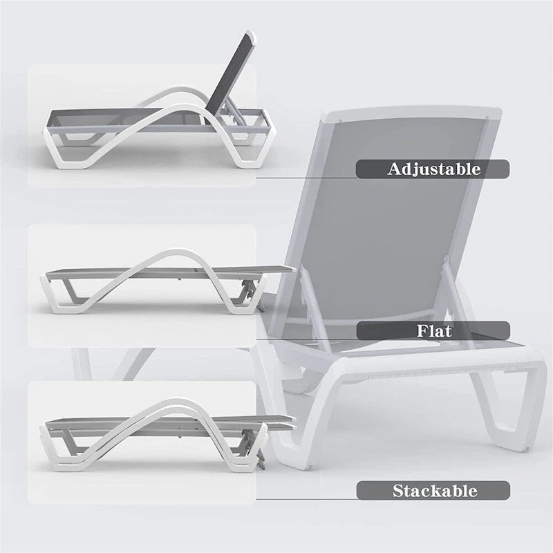 Chaises longues réglables en aluminium avec accoudoirs pour patio