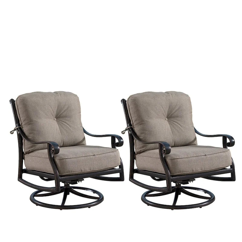 Fauteuils de club pivotants et berçants d'extérieur en aluminium, finition cuivre antique, avec coussins épais en polyester beige (ensemble de 2)
