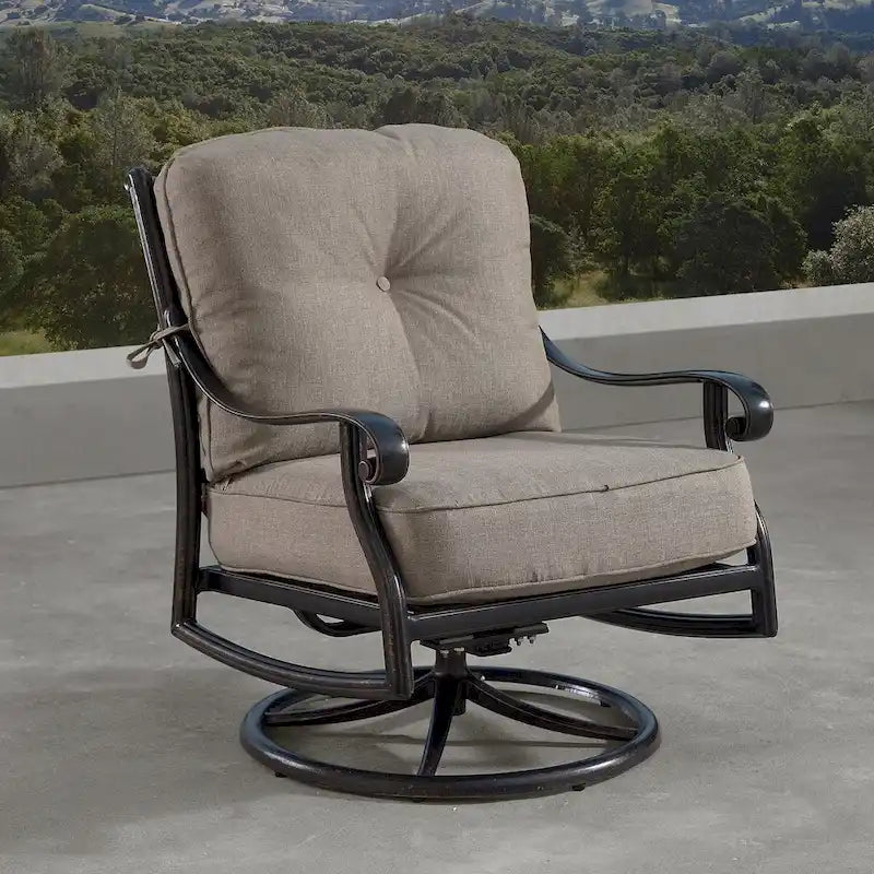 Fauteuils de club pivotants et berçants d'extérieur en aluminium, finition cuivre antique, avec coussins épais en polyester beige (ensemble de 2)