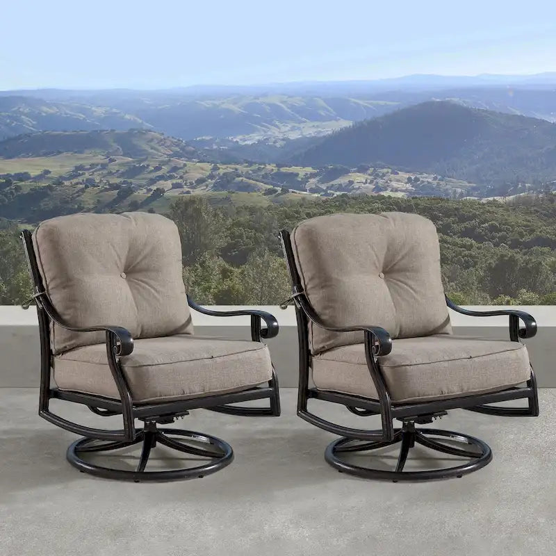 Fauteuils de club pivotants et berçants d'extérieur en aluminium, finition cuivre antique, avec coussins épais en polyester beige (ensemble de 2)
