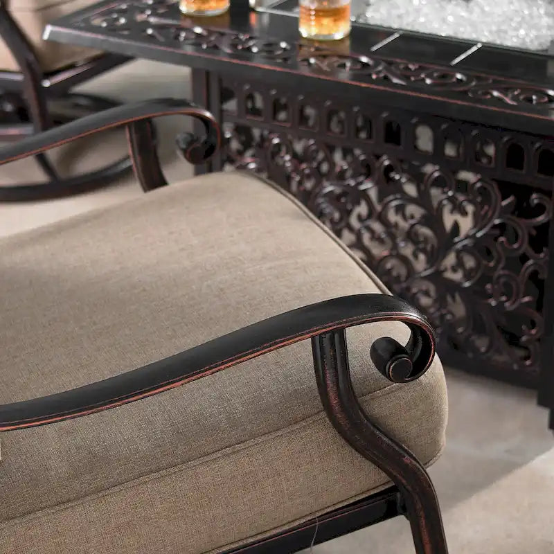 Fauteuils de club pivotants et berçants d'extérieur en aluminium, finition cuivre antique, avec coussins épais en polyester beige (ensemble de 2)